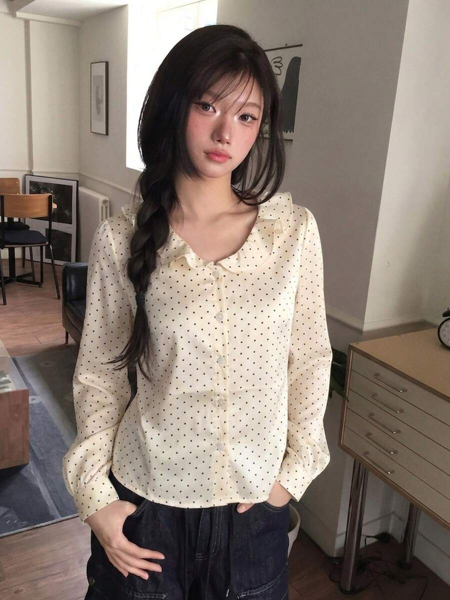 Retro Niche Polka Dot Frill Trim Round Neck Satin Long Sleeve Shirt For Women, New Arrival Early Spring, Versatile & Elegant - Apricot - View 1