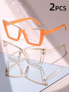 2 Pairs Cute Cat Eye Shaped Metal Frame Transparent Lens Regular Glasses For Women Street Photography Daily Use - Clear - View 19