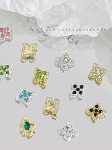 10Pcs Lucky Clover Nail Charms Set, Silver Gold Plated Hollow Four Leaf With Inlaid Rhinestones, Vintage Elegant Retro Nail Ornaments & Gems For DIY Manicure Nail Supplies Nails Nail Gems - Multicolor - View 3