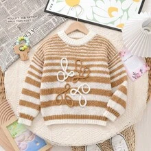 Tween Girls Striped Knit Sweater, Embroidered Front Crew Neck Long Sleeve Pullover, Cute Preppy School Top For Fall Winter - Multicolor - View 2