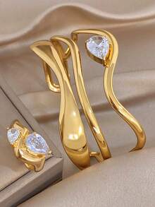 Set/1 Pieza Conjunto de Joyas con Brazalete y Anillo de Línea Asimétrica de Circonita y Acero Inoxidable, Para Mujeres, Fiesta, Diario, Navidad, Regalos de Boda de San Valentín/Y2K - Multicolor - Ver 1