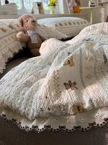 1pc Lace Trim Summer Thin Quilt, Cute Bear Pattern Puff Gauze Summer Bedding, Summer Home Bedding And Air-Conditioned Room Quilt, Suitable For Bedroom, Guest Room, Hotel, Dormitory, Machine Washable Summer Quilt, Quilt Only, Pillowcase Not Included - Multicolor - View 8