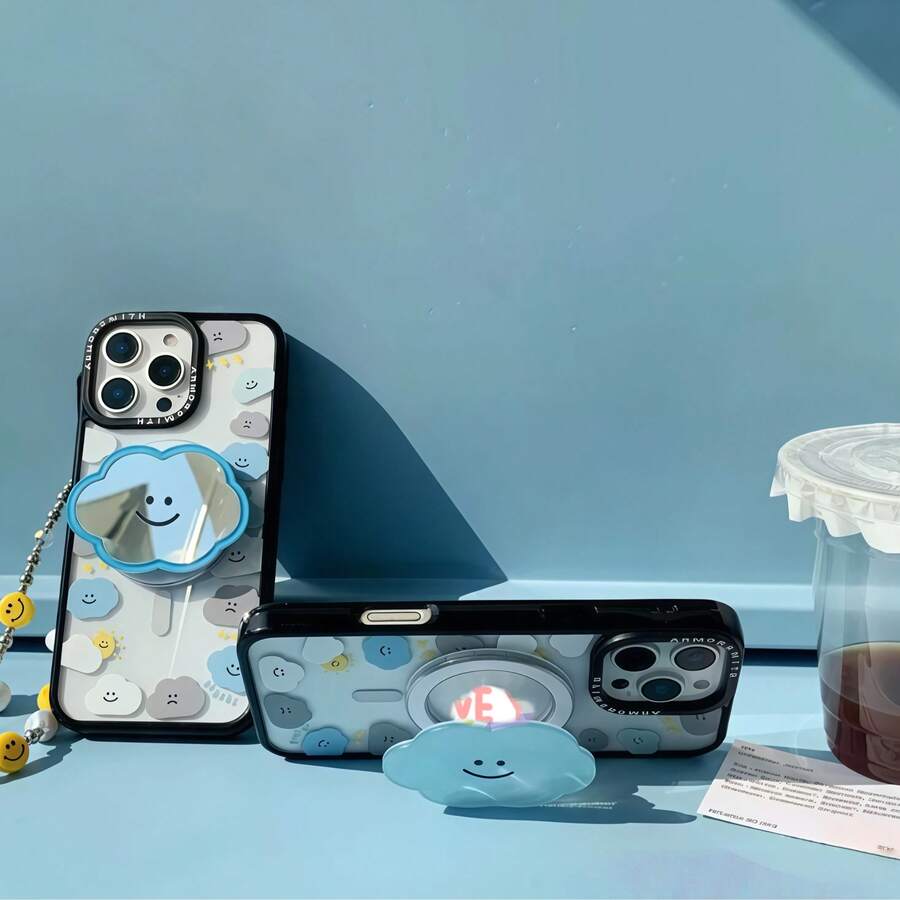 1pc Cute Cartoon Cloud Face MagSafe Magnetic Phone Stand, Foldable Telescopic Rotating Air Cushion Suction Finger Ring Holder, Creative Portable - Multicolor - View 1
