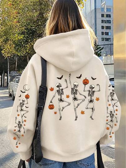Plus Size Women's Halloween Skeleton Dance Pattern Hooded Long Sleeve Pullover, Autumn Essential