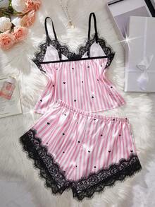 2 Pcs Heart Striped Print Satin Sexy Lingerie Set Adjustable Shoulder Straps Eyelash Lace V-Neck Cami & Bow Shorts Women's Erotic Pajama - Pink - View 4