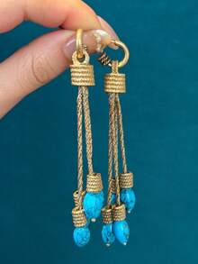 Vintage Copper Plated 18K Gold Bohemian Teardrop Pink Faux Crystal Turquoise Blue Pendant Rope Chain Necklace & Earrings Jewelry Set - Bronze - View 3