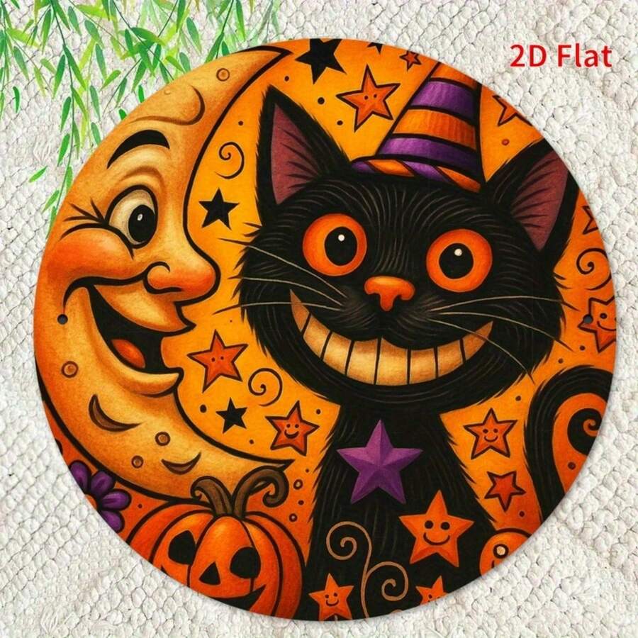 1 pièce Panneau métallique rond vintage américain d'Halloween, chapeau de sorcière, chat noir avec lune croissante anthropomorphique souriante, citrouille, étoile, imprimé de dessin animé, couleurs rétro orange et jaune, plaque murale métallique suspendue pour entrée de fête, salon, thème de vacances - Multicolore - Voir 1