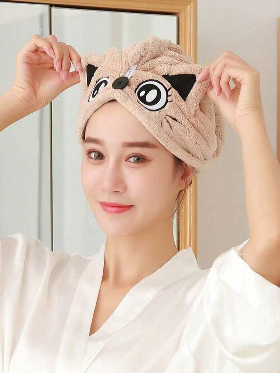 1件裝可愛卡通女款柔軟吸水刺繡洗髮帽浴室毛巾 - 棕色 - 查看 1