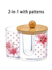 Mini Polka Dot Lily Pattern 2-In-1 Bamboo Lid Plastic Storage Box, With Dual Round Holes Cosmetic Organizer, Suitable For Makeup Brushes, Beauty Tool Bag, Makeup Organizer Box, Vanity Accessories, Makeup Bag, Creative Gift For Women (Mini Size) - Multicolor - View 8