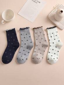 3 Pairs Multi-Size Women's Mid-Calf Socks, All-Season Vintage Ins Style, Full Body Floral Polka Dot Ruffle Lace Trim, Sweet Girl Luxury Style Women's Socks, Vintage Slouch Socks, Random Color - Multicolor - View 6
