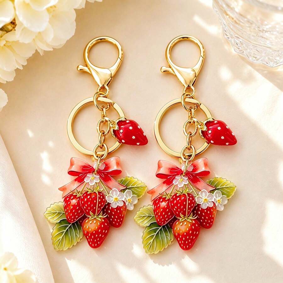 1pc/2pcs Women's Pastoral Strawberry Bow Flower Double-Sided Embossed Acrylic Pendant, Realistic 3D Strawberry Accessory Keychain, Creative Versatile Bag Charm - Multicolor - View 1