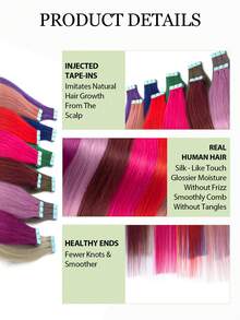 Mini Tape-In Hair Extensions, Real Human Hair, Colorful Invisible Tape-In Hair Extensions, Highlight Color, Party Hair Accessories, Ready To Wear, No Glue Needed, Suitable For Holidays, Festivals, School Supplies, Parties, Weddings, Daily Wear, Suitable For All Women, Girls, Brides - Multicolor - View 4