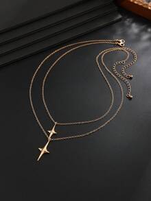 2pcs/Set Luxury Gold Double Layer Four-Pointed Star Layered Necklace, Minimalist Thin Chain Cross Star Pendant, Men's Commuter High-End Collarbone Chain - Cross Star Necklace - View 6