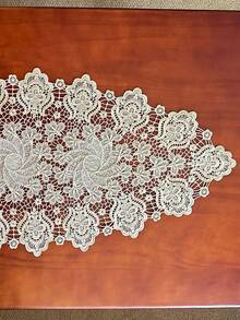 1件蕾絲刺繡桌旗，波浪邊裝飾，聚酯纖維布料，刺繡花卉圖案橢圓形桌巾，適用於餐廳、客廳桌面、櫥櫃裝飾 - 香檳色 - 查看 5