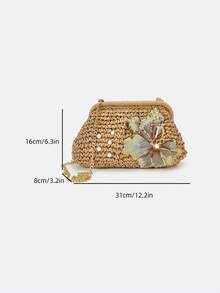 Dedoo 女款拉菲草手拿包，夏季花卉亮片刺繡珍珠裝飾，鏈條斜跨肩帶，海灘度假晚宴婚禮派對草編手提包 - 卡其色 - 查看 6