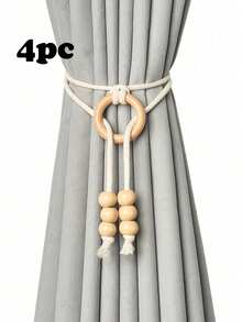 2/4 pièces Embrasses de rideaux en corde de coton naturel, cordes de rideaux décoratives de style bohème, boucles de rideaux élégantes en anneau de bois tressées à la main, universelles pour rideaux de maison et de bureau - Modèle avec pendentif en perles de bois - Voir 15