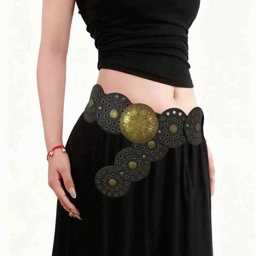 European & American Vintage Western Style Women's Exaggerated Round Hollow Metal Patchwork Wide Waist Belt, Bohemian PU Leather - Large Round Pancake - View 1