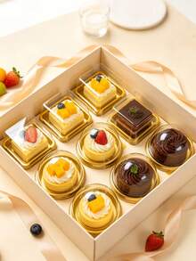 100/50/25pcs Gold Base Dessert Plastic Packaging Boxes, Transparent Dessert Containers, Square And Round Dessert Trays, Mini Pastry Trays, Halloween, Thanksgiving And Birthday Party Dessert Decoration Boxes, Party Gift Packaging - View 5