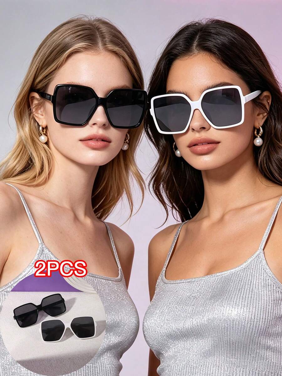 2 piezas Gafas retro de gran tamaño para mujer, material de PC, ribete lateral liso sin adornos, adecuadas para compras de fin de semana y viajes, para todas las estaciones - Multicolor - Ver 1