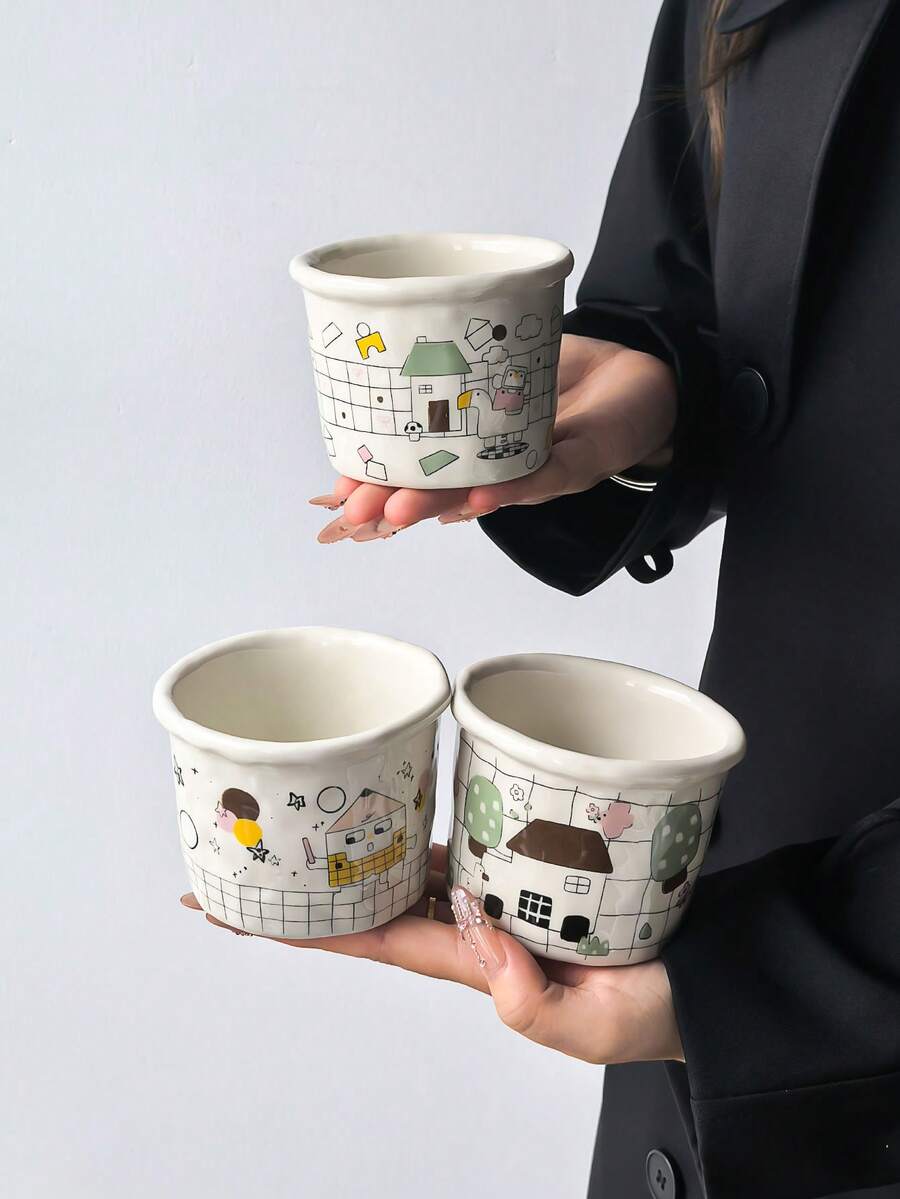1pc Cute Illustration Ins Style Handheld Mug, Adorable Creative Asymmetrical Hand-Drawn Ceramic Coffee Cup, Latte Art, Espresso, Dessert, Ceramic - Suitable For Various Coffee, Tea, Also Can Be Used As Aromatherapy Cup, Candle Cup, Multi-Functional