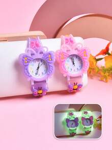 2pcs/Set Gift Set Girls Butterfly Soft Silicone Strap Analog Quartz Wristwatch With Creative Pattern For Students - Multicolor - View 10