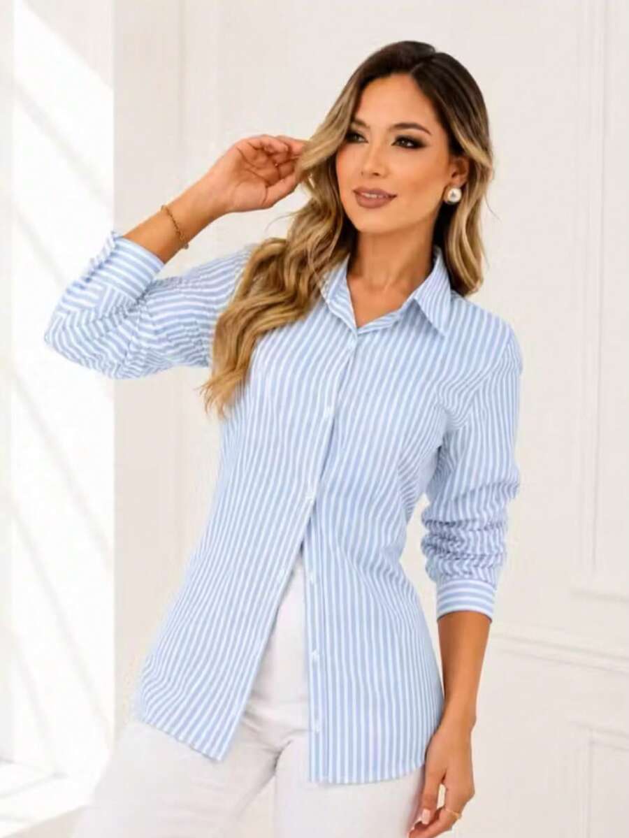 CAMISA SOCIAL FEMININA CLÁSSICA LISTRADA MANGA LONGA SOCIAL OVERSIZED P, M, G e GG - Azul bebê - Visão 1