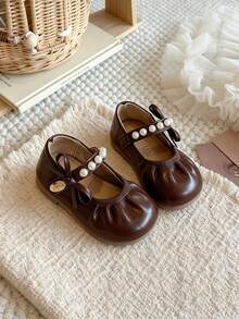 2026 New Girls' Leather Mary Jane Shoes, Vintage Style, Soft Sole, Comfortable, Versatile, Pearl Decor - Brown - View 3