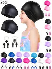 Gorro de natación (2 piezas), Gorro de natación unisex para cabello largo--Gorro de natación de silicona, Adecuado para cabello largo, Adecuado para niños y adolescentes de 5-15 años, Gorro de natación impermeable y duradero, Gorro de baño impermeable con protección para los oídos, Mantiene el cabello seco - Multicolor - Ver 2