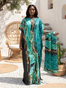 FADZOYLE 1pc Geometric Pattern Printed Robe Set Women Vacation Beach Sunshade Casual Versatile Pullover Shawl With Satin Scarf Set Vacation Accessories Daily - Multicolor - View 15