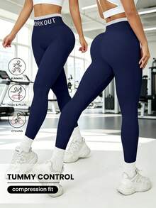 Legging Kompresi Pinggang Tinggi, Pakaian Olahraga Rajut Elastis Berkualitas Tinggi, Cocok untuk Kebugaran dan Lari. Musim Gugur - Navy Blue - View 1