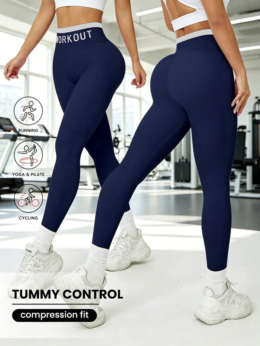Legging Kompresi Pinggang Tinggi, Pakaian Olahraga Rajut Elastis Berkualitas Tinggi, Cocok untuk Kebugaran dan Lari. Musim Gugur - Navy Blue - View 1