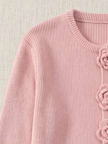 Cárdigan de punto rosa romántico con cuello redondo, decoración de botones con rosas 3D, mangas largas con volantes, estilo para brunch de vacaciones de otoño & paseo por la ciudad - Rosa - Ver 8