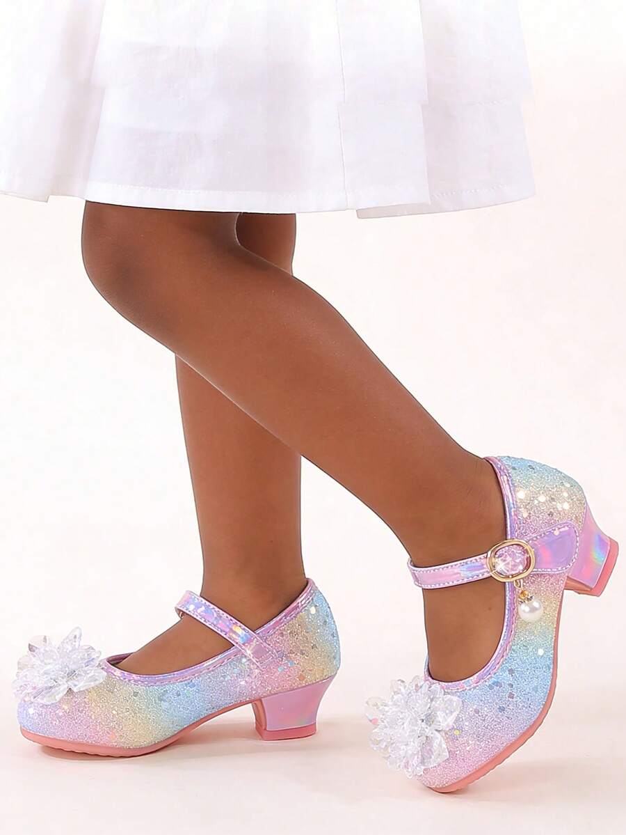 Girls' New Colorful Sequin High Heel Princess Shoes, Student Children's Shoes, Little Girls' Performance Sequin Shiny Dress Party Matching Crystal Shoes - Pink - View 1