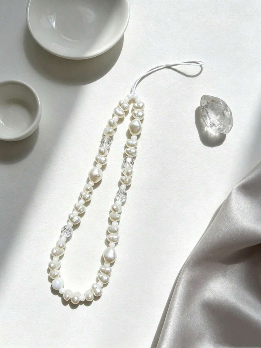 Elegant Baroque Pearl Phone Wrist Strap, Transparent Faceted Crystal Bead Chain, Minimalist White Handmade Beaded Lanyard For Cell Phone, CCD Camera, Handbag Decor - White - View 1