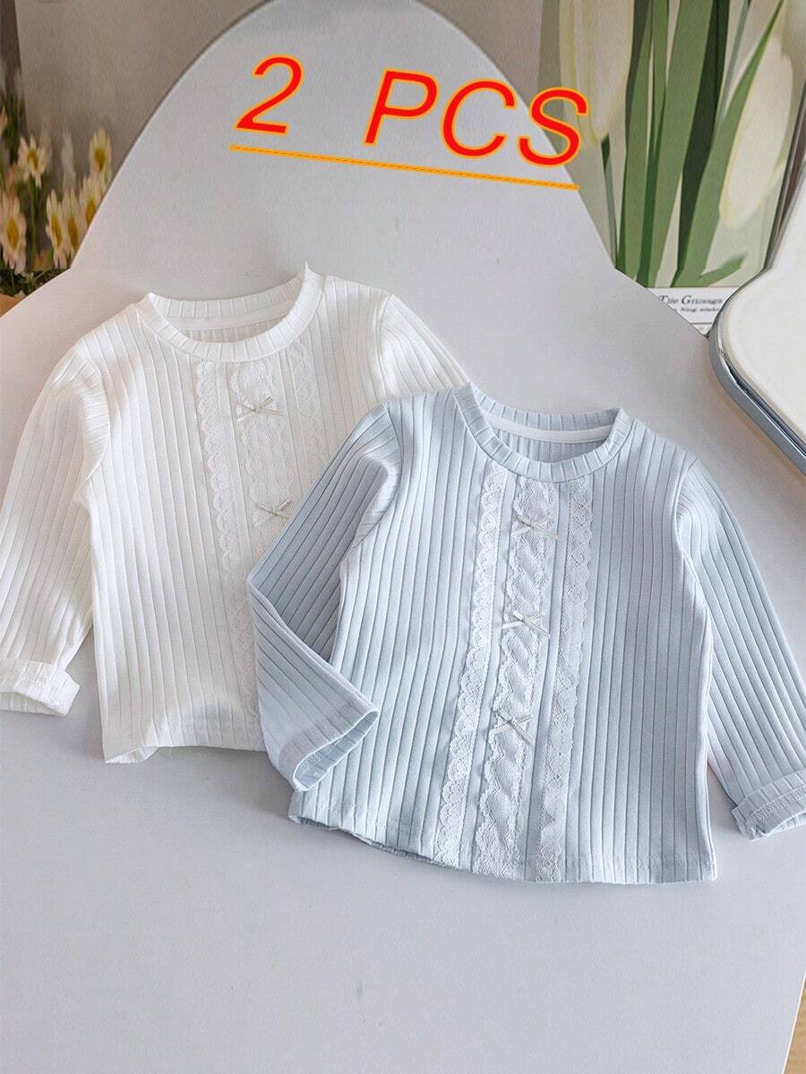 2pcs Girls' Long Sleeve T-Shirts, Spring/Autumn New Style Baby Casual Fashion Tops, Versatile - Multicolor - View 1