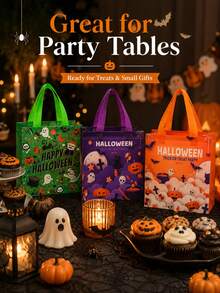 1/3/6pcs Halloween Laminated Non-Woven Fabric Tote Bags, Ghost Pumpkin Bat Pattern Gift Bags, Halloween Trick Or Treat Party Gift Storage Bags, Holiday Decoration Accessories, 3 Mixed Color Cartoon Styles, Durable Handle Candy Packaging Bags - Multi-color - View 1