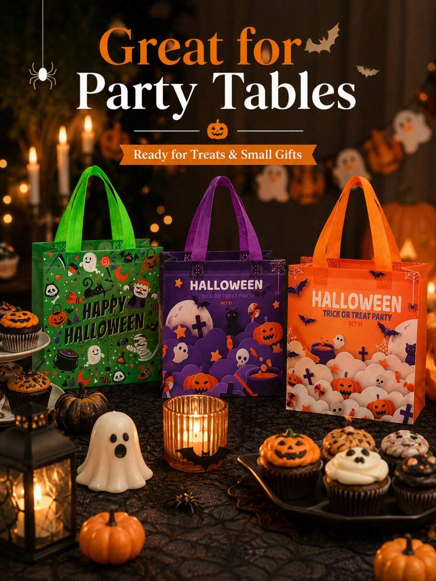 1/3/6pcs Halloween Laminated Non-Woven Fabric Tote Bags, Ghost Pumpkin Bat Pattern Gift Bags, Halloween Trick Or Treat Party Gift Storage Bags, Holiday Decoration Accessories, 3 Mixed Color Cartoon Styles, Durable Handle Candy Packaging Bags - Multi-color - View 1