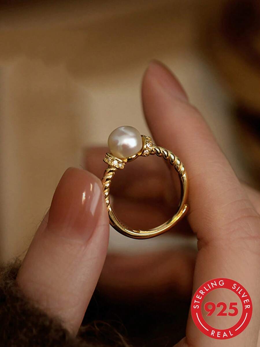 925 Sterling Silver Twisted Open Adjustable Ring For Women, Luxury Style - Gold - View 1