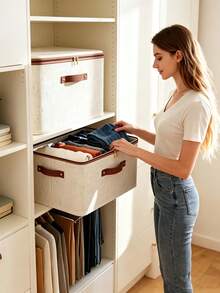 Fabric Storage Box, Foldable Cloth Box With Lid, Suitable For Clothes, Toys And Home Storage, Linen Material, Bedroom Storage Organizer - rice - View 1