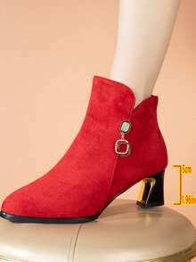 Women's Thermal Lined Warm Ankle Boots, Thick Heel New Autumn/Winter Suede Boots, High-End Style Mom High Heel Shoes - Red - View 5