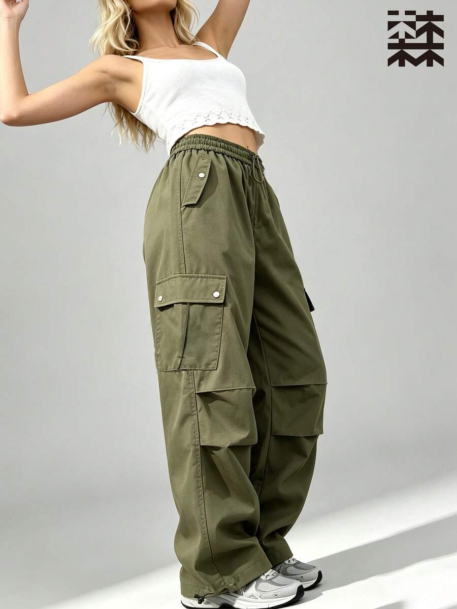 mulinsen Women's Button Flap Pocket Drawstring Elastic Waist Cargo Pants, Street Casual Functional Long Pants - Army Green - View 1