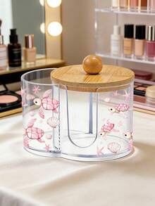 Mini Beach Turtle Pattern 2-In-1 Bamboo Lid Plastic Storage Box, With Dual Round Holes Cosmetic Organizer, Suitable For Makeup Brushes, Beauty Tool Bag, Makeup Organizer, Vanity Accessories, Makeup Bag, Creative Gift For Women (Mini Size) - Multicolor - View 3