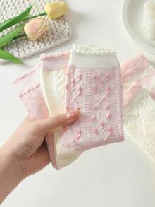4 pares de calcetines de estilo ballet a media pantorrilla con volantes, rayas y flores en rosa & blanco, suaves & cómodos, para usar en todas las estaciones, color aleatorio - Multicolor - Ver 9