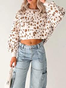 Acelitt Women's Leopard Print Short Knit Crew Neck Long Sleeve Casual Pullover Sweatshirt, Suitable For Spring And Autumn - Multicolor - View 2