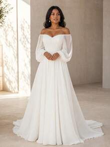 Marvellea Elegant Off Shoulder Puff Long Sleeve Chiffon Maxi Dress A Line Flowy Wedding Bridal Gown Formal Party Evening Gown - White - View 3