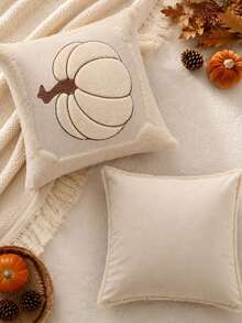 1pc Halloween Autumn Embroidered Pumpkin Pillowcase, Country Farmhouse Style Fluffy Plush Decorative Cushion Cover, Soft Fleece Sofa Living Room Bedroom Pillowcase, Harvest Thanksgiving Home Decor Room Arrangement - Beige - View 4