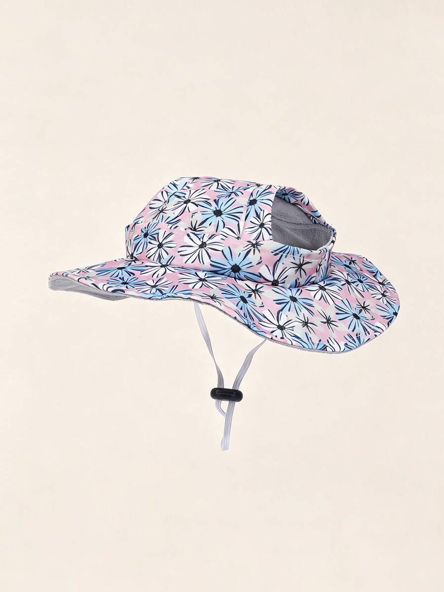 (Please Measure Head Circumference Accurately) Plush Flower Polyester Sun Hat, Ear-Exposed Design, Anti-Slip Adjustable, Pet Accessory, Dog Hat, Suitable For Kittens And Puppies For Year-Round Outdoor Wear