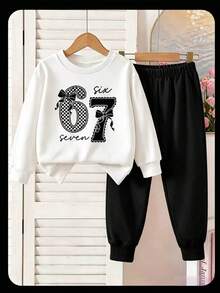Young Girl Crew Neck Letter & Number Print Long Sleeve Sweatshirt And Sweatpants Casual Daily Set - Black - View 1
