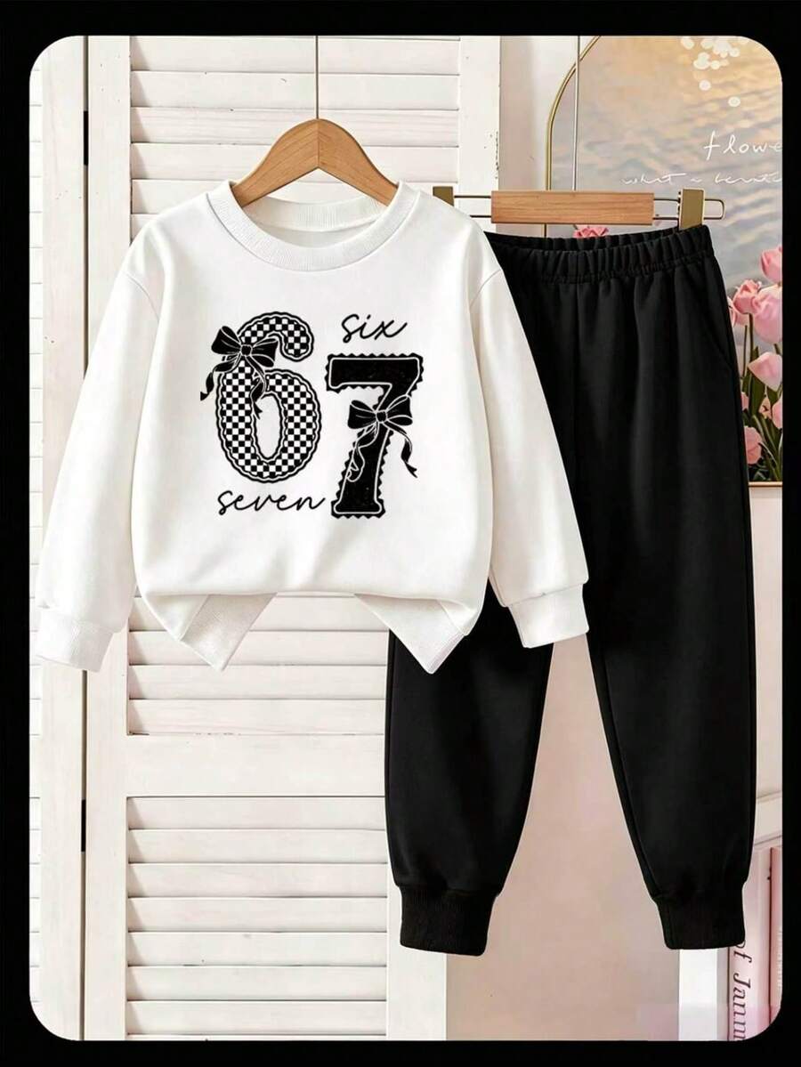 Young Girl Crew Neck Letter & Number Print Long Sleeve Sweatshirt And Sweatpants Casual Daily Set - Black - View 1