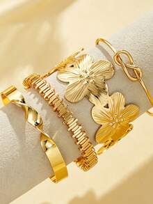 4/1 Stück Set minimalistisches böhmisches Blumen-Geometrie-Goldarmband, geeignet für Frauen, alle Jahreszeiten, tägliches Pendeln, Treffen, Strandurlaub, Partykleidung, Geschenk - Gold - Übersicht 4